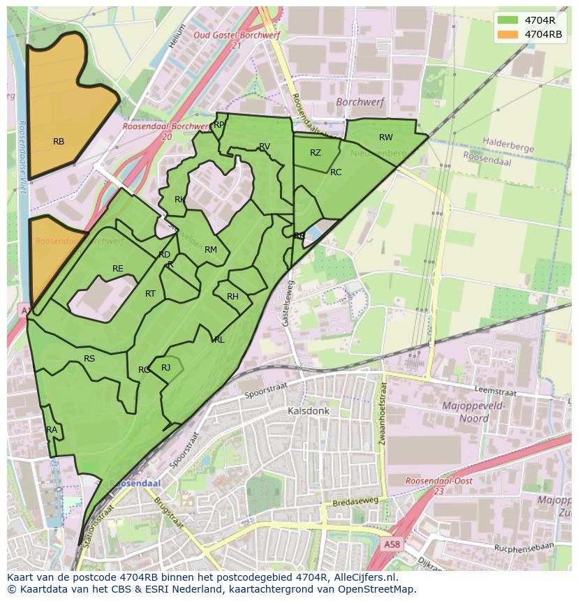 Afbeelding van het postcodegebied 4704 RB op de kaart.