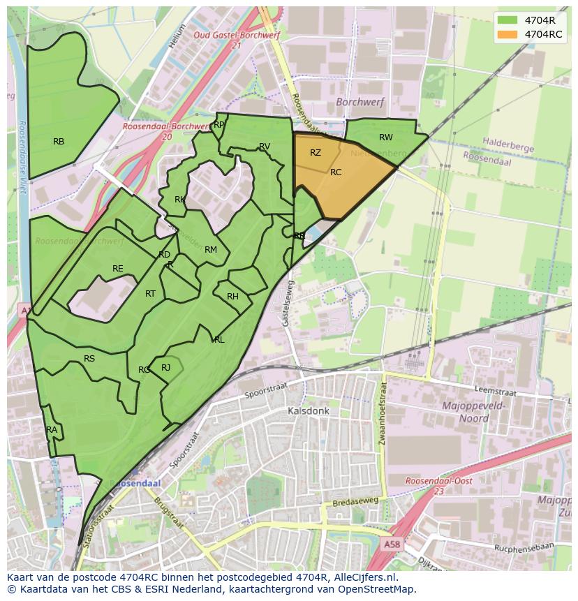 Afbeelding van het postcodegebied 4704 RC op de kaart.