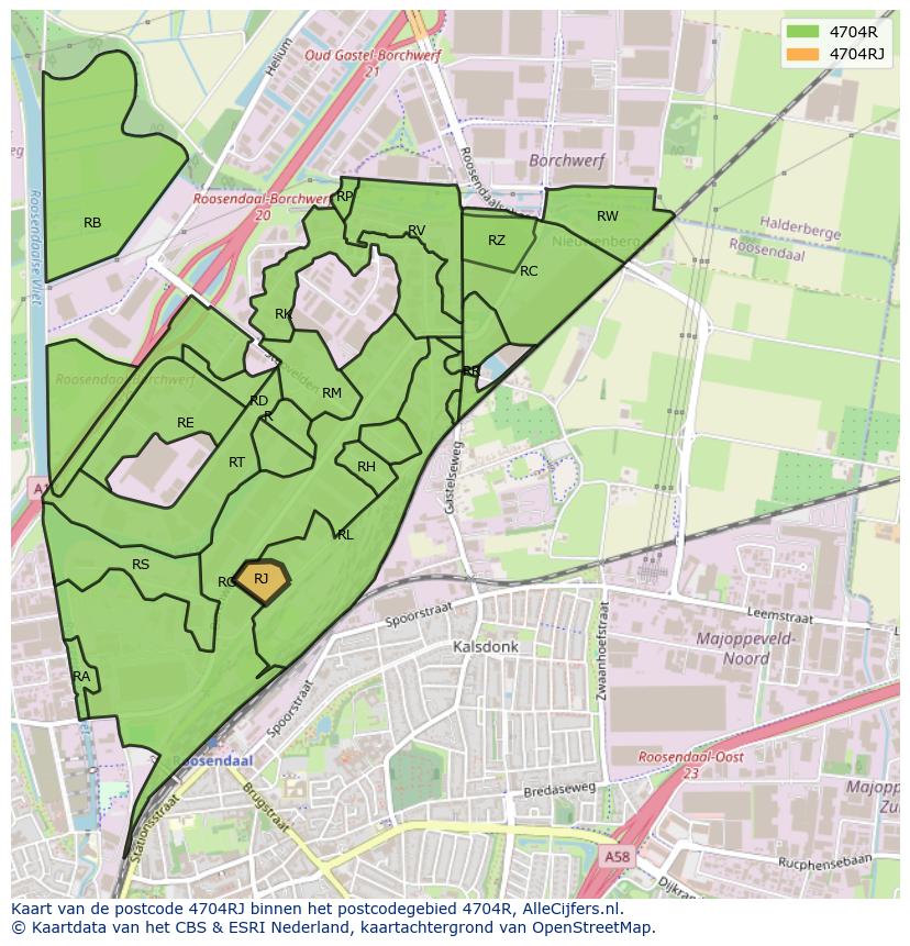 Afbeelding van het postcodegebied 4704 RJ op de kaart.