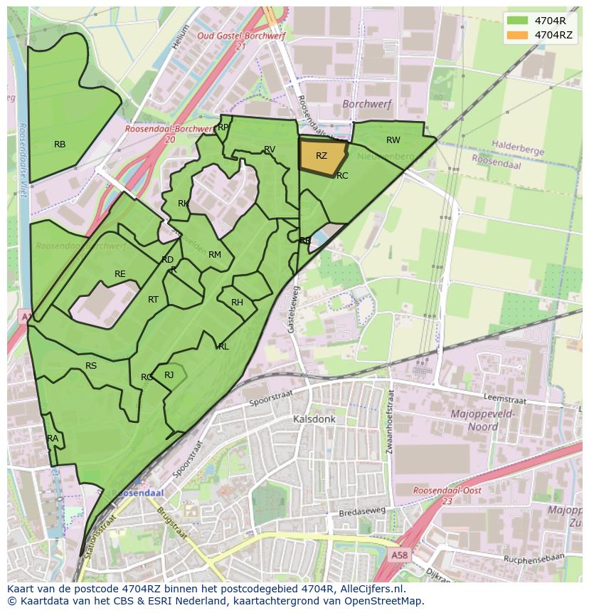 Afbeelding van het postcodegebied 4704 RZ op de kaart.
