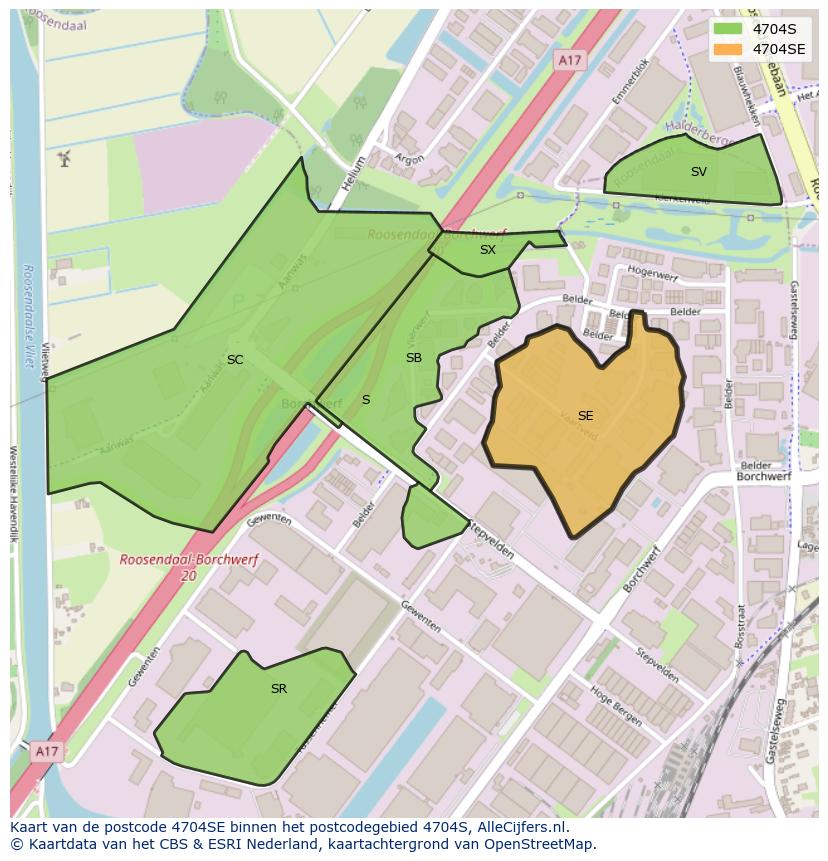 Afbeelding van het postcodegebied 4704 SE op de kaart.