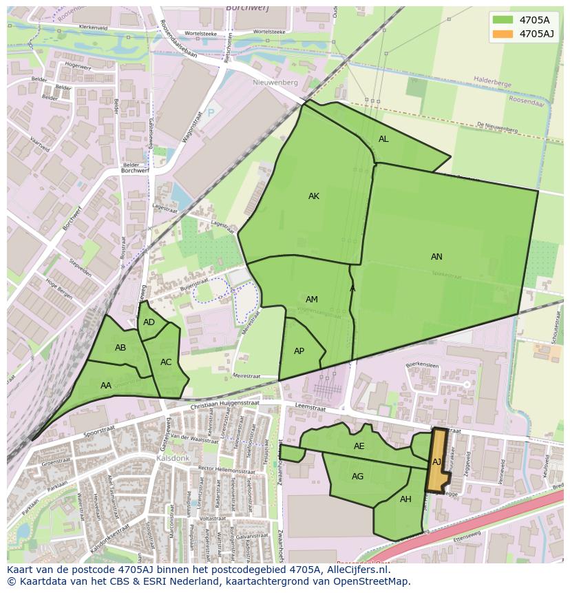 Afbeelding van het postcodegebied 4705 AJ op de kaart.