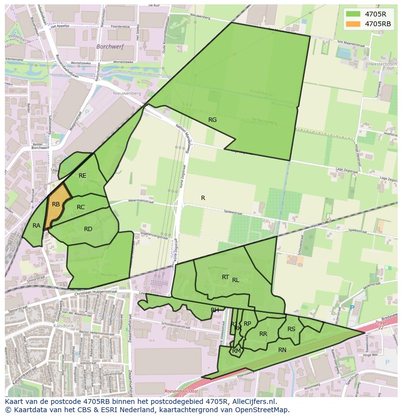 Afbeelding van het postcodegebied 4705 RB op de kaart.