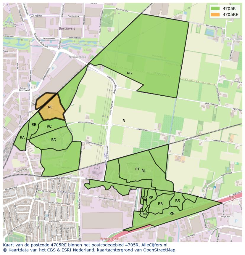 Afbeelding van het postcodegebied 4705 RE op de kaart.