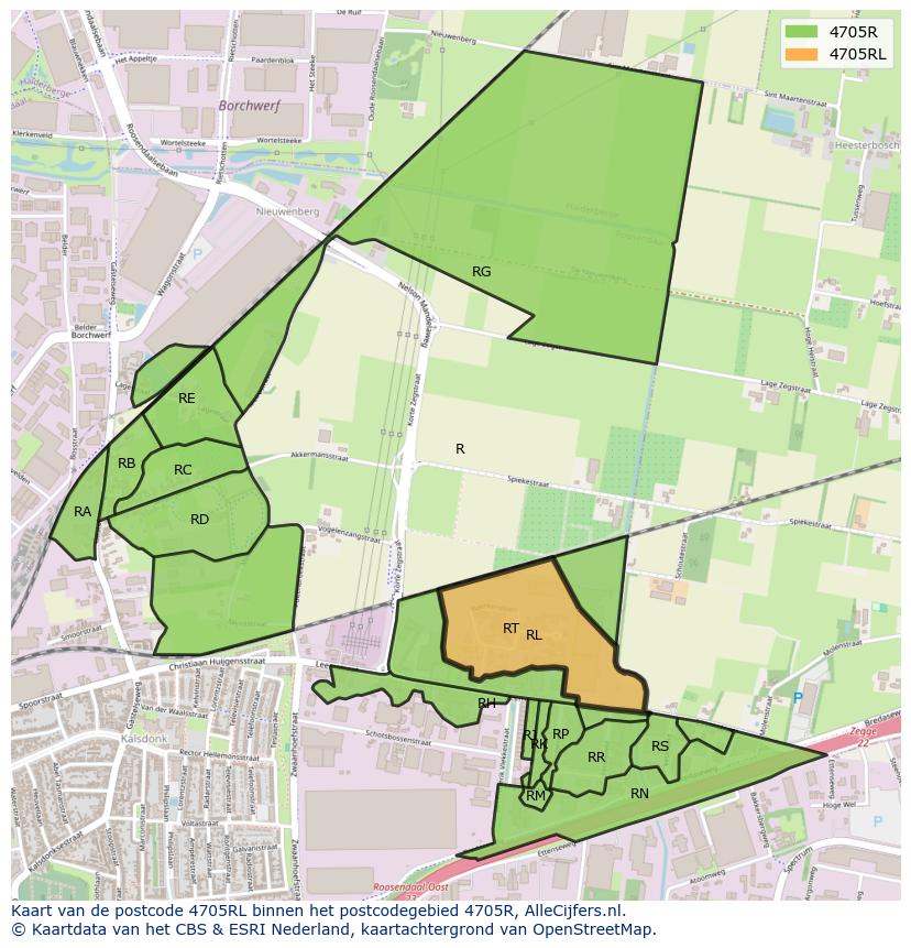 Afbeelding van het postcodegebied 4705 RL op de kaart.