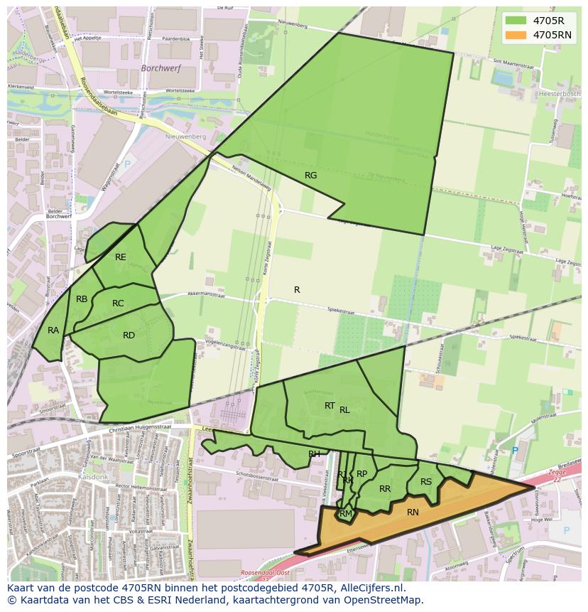 Afbeelding van het postcodegebied 4705 RN op de kaart.