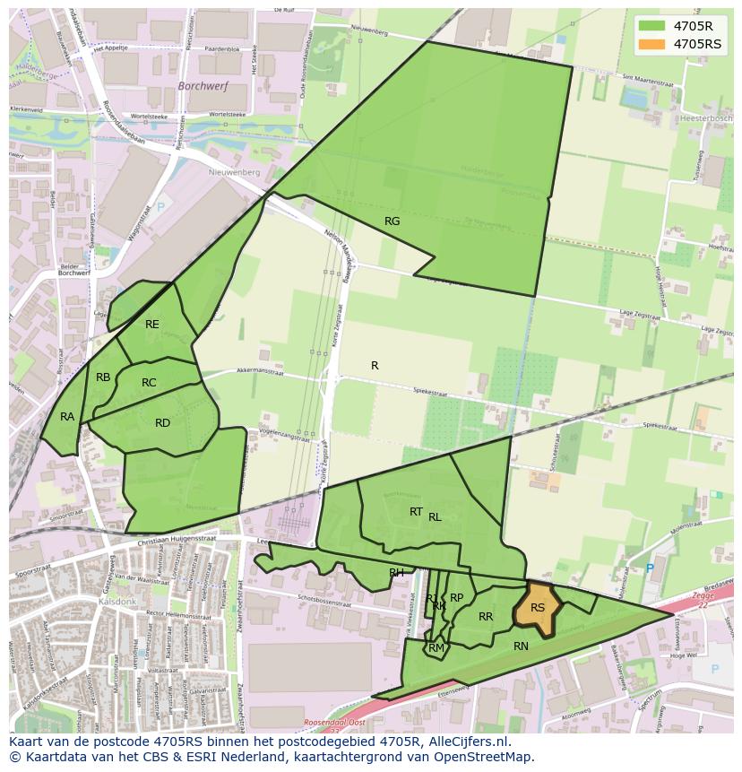 Afbeelding van het postcodegebied 4705 RS op de kaart.