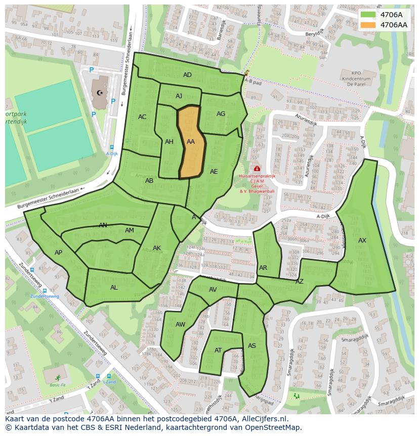 Afbeelding van het postcodegebied 4706 AA op de kaart.