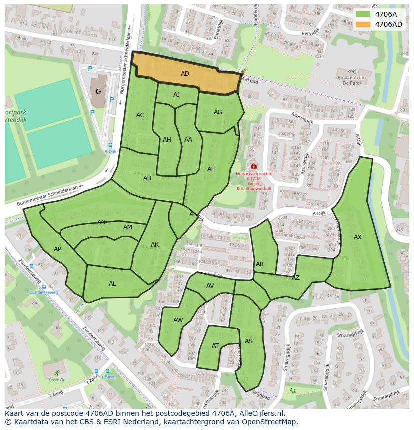 Afbeelding van het postcodegebied 4706 AD op de kaart.