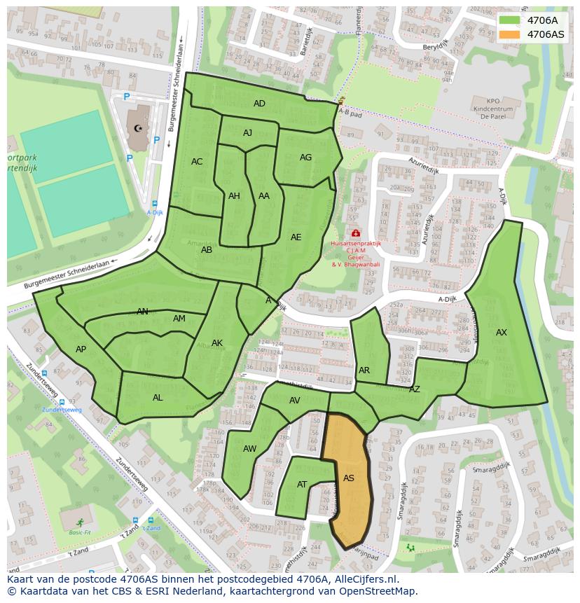 Afbeelding van het postcodegebied 4706 AS op de kaart.
