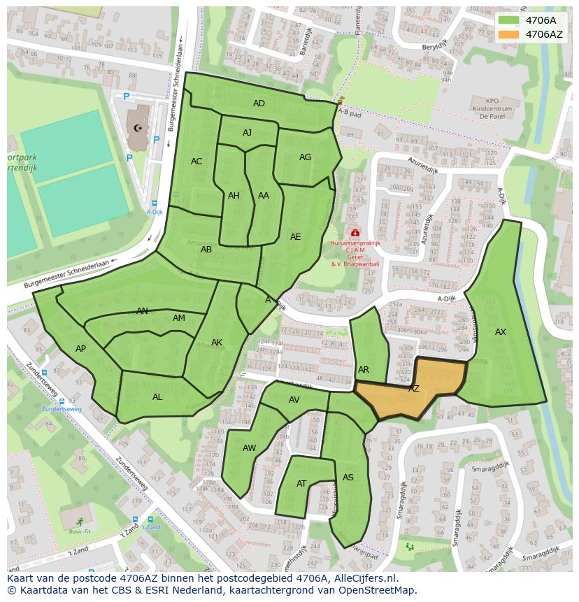 Afbeelding van het postcodegebied 4706 AZ op de kaart.