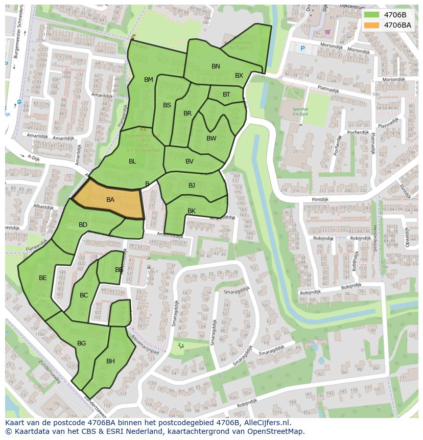 Afbeelding van het postcodegebied 4706 BA op de kaart.
