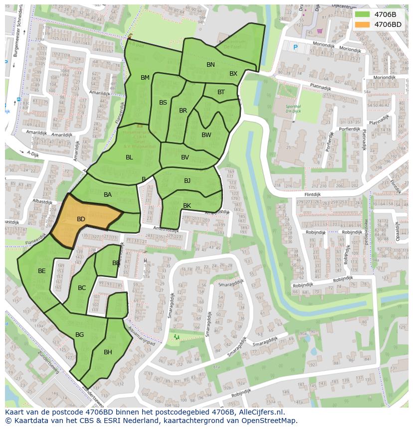 Afbeelding van het postcodegebied 4706 BD op de kaart.