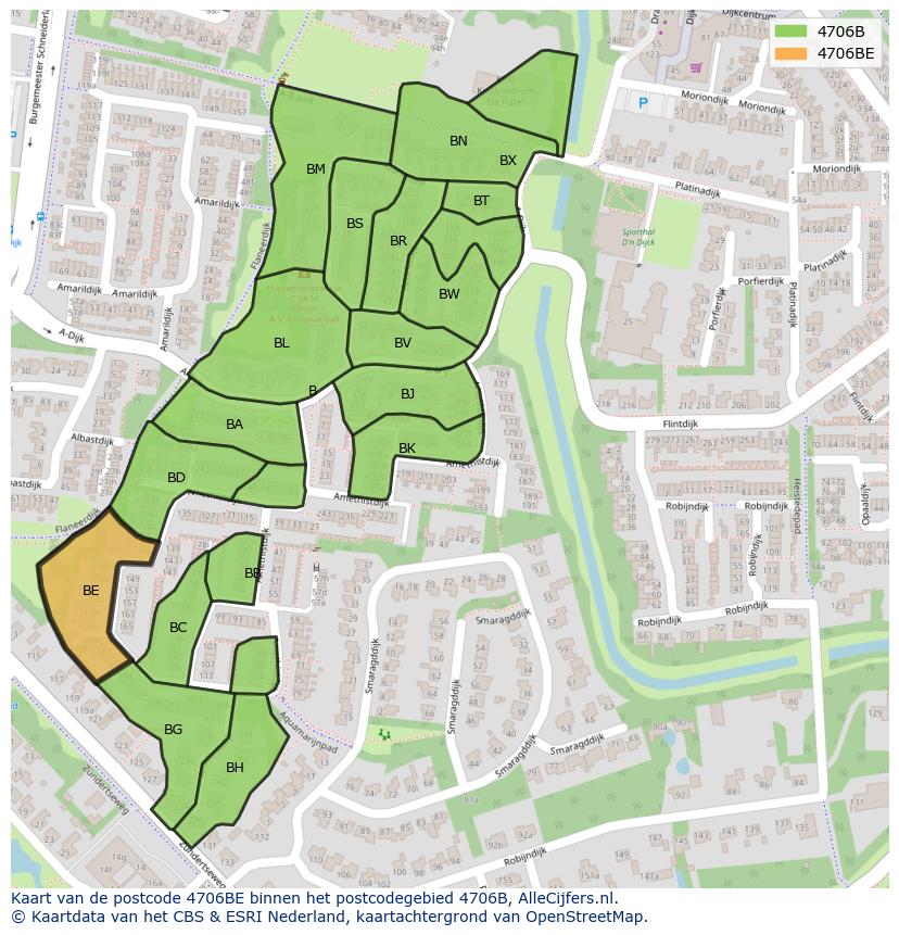 Afbeelding van het postcodegebied 4706 BE op de kaart.