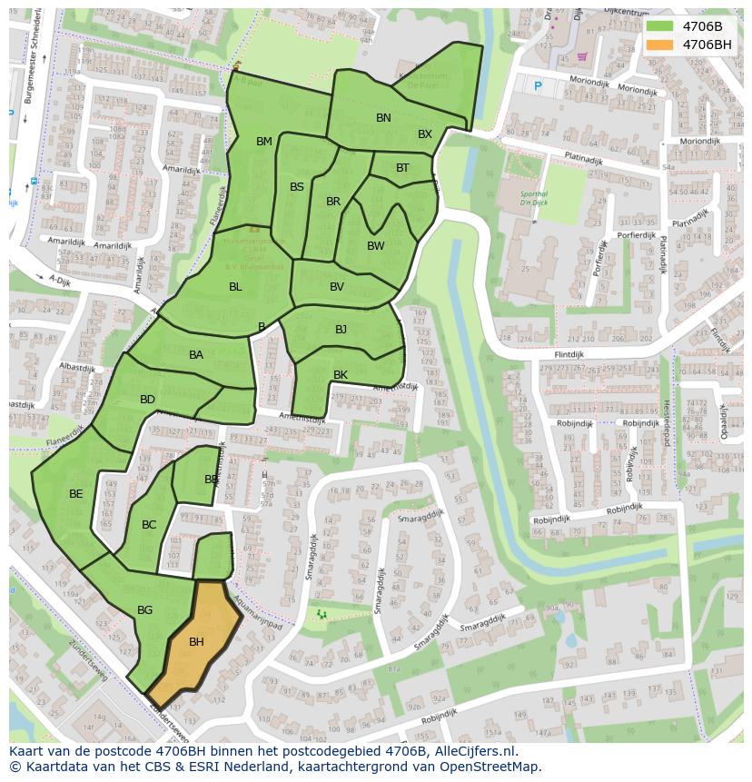 Afbeelding van het postcodegebied 4706 BH op de kaart.