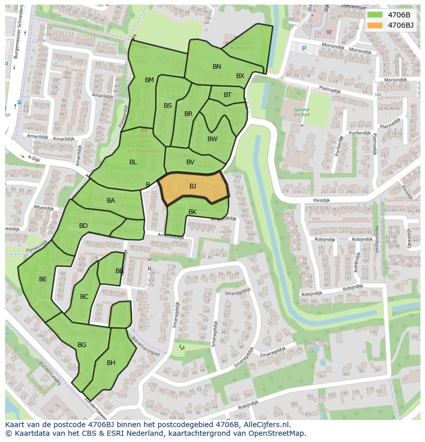 Afbeelding van het postcodegebied 4706 BJ op de kaart.