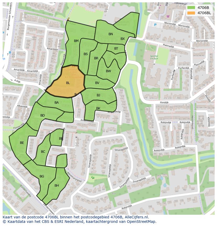Afbeelding van het postcodegebied 4706 BL op de kaart.