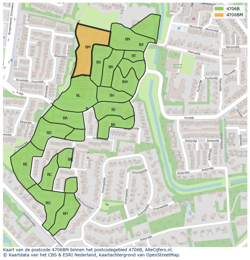 Afbeelding van het postcodegebied 4706 BM op de kaart.