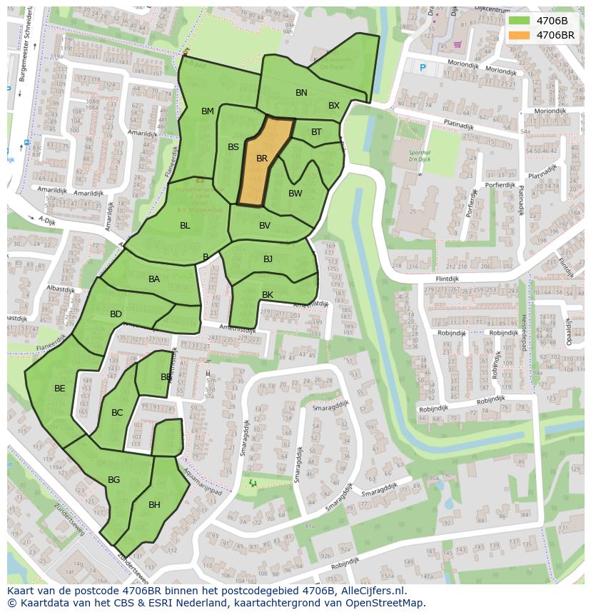 Afbeelding van het postcodegebied 4706 BR op de kaart.