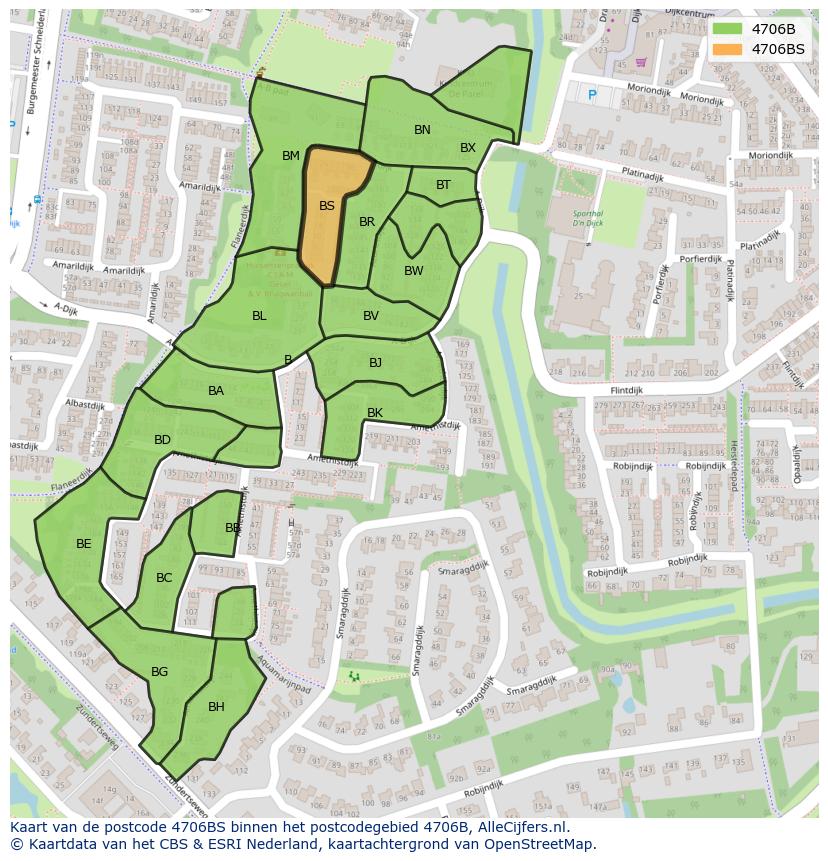 Afbeelding van het postcodegebied 4706 BS op de kaart.