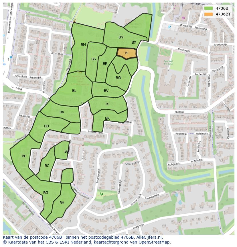 Afbeelding van het postcodegebied 4706 BT op de kaart.