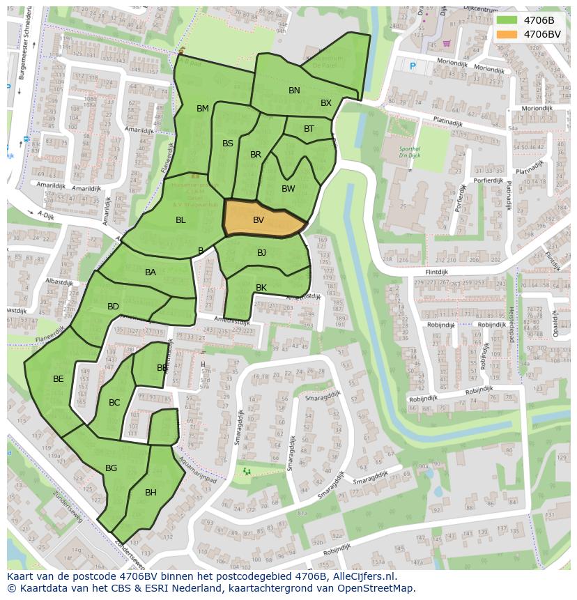 Afbeelding van het postcodegebied 4706 BV op de kaart.