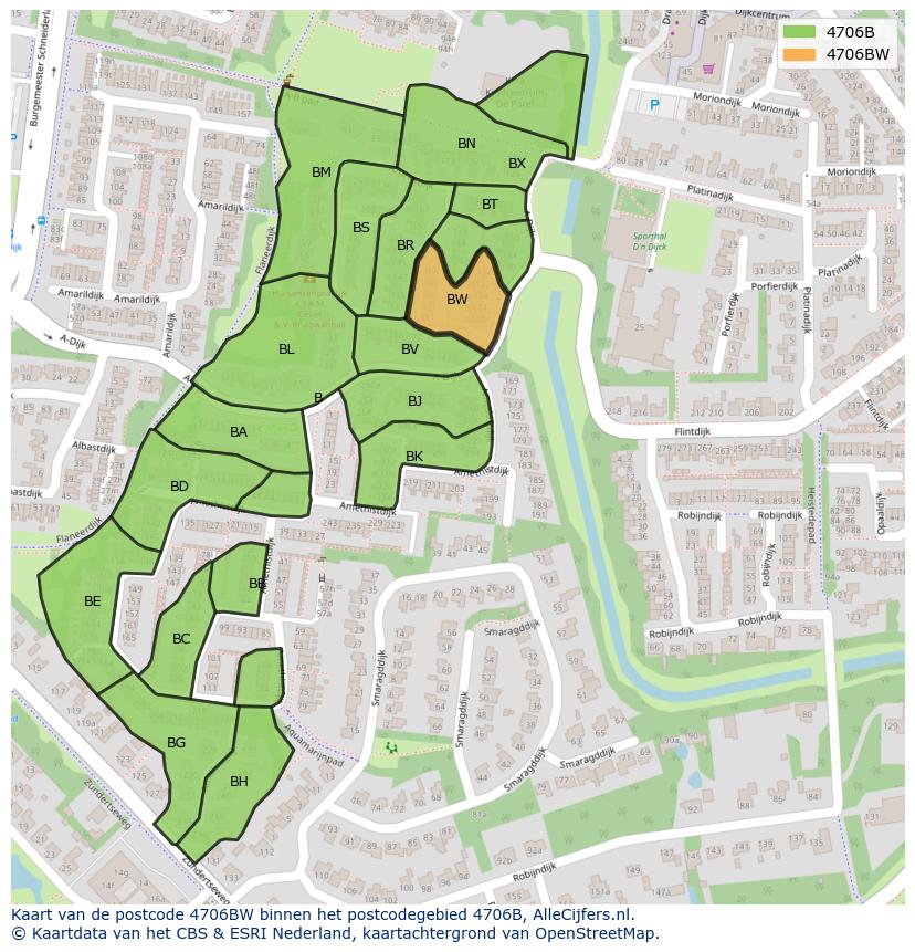 Afbeelding van het postcodegebied 4706 BW op de kaart.