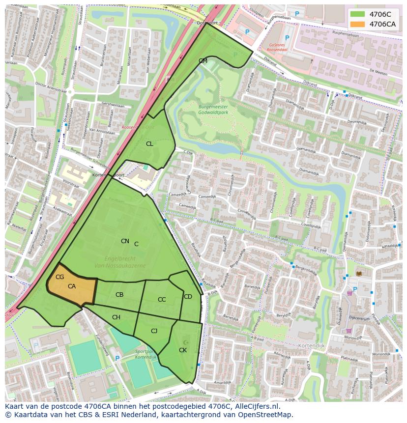Afbeelding van het postcodegebied 4706 CA op de kaart.