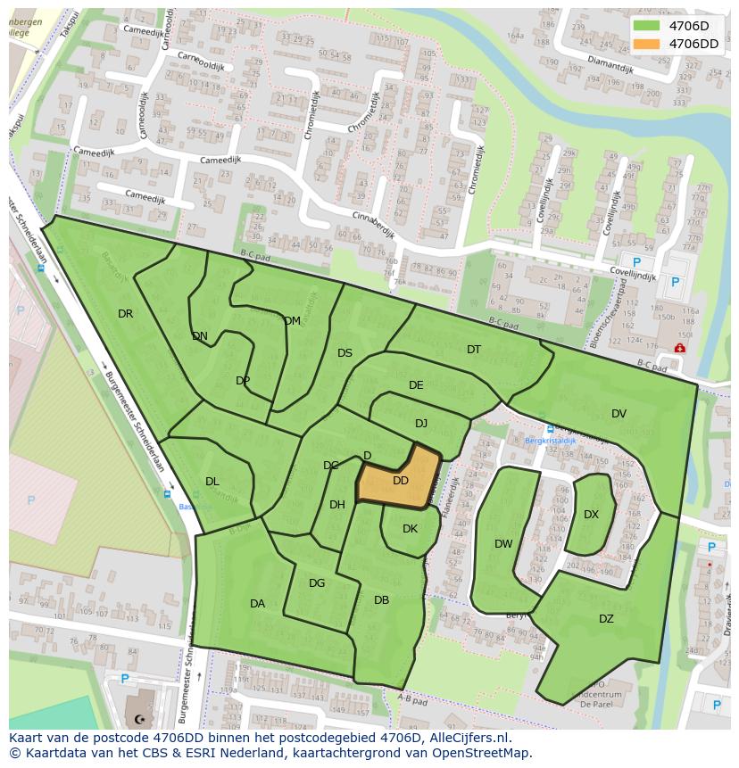 Afbeelding van het postcodegebied 4706 DD op de kaart.