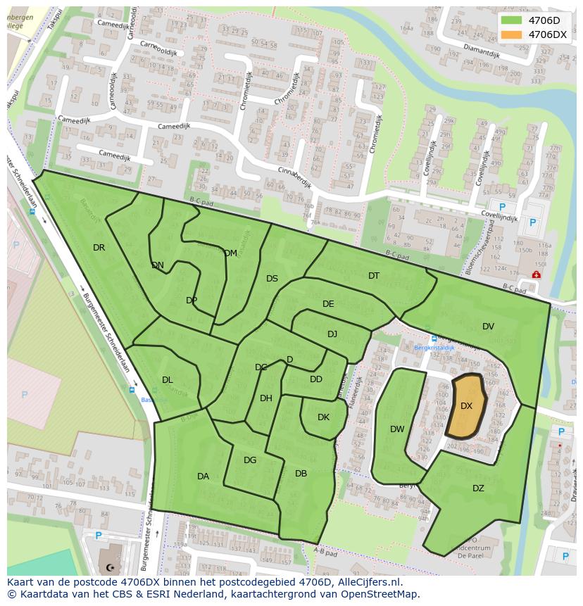 Afbeelding van het postcodegebied 4706 DX op de kaart.
