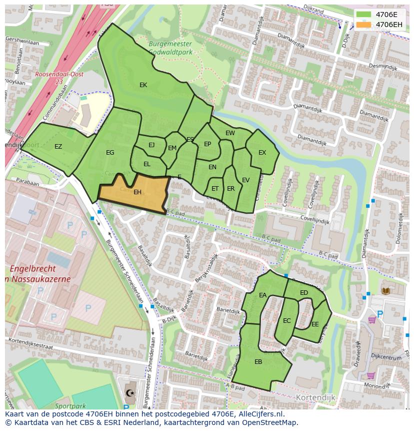 Afbeelding van het postcodegebied 4706 EH op de kaart.