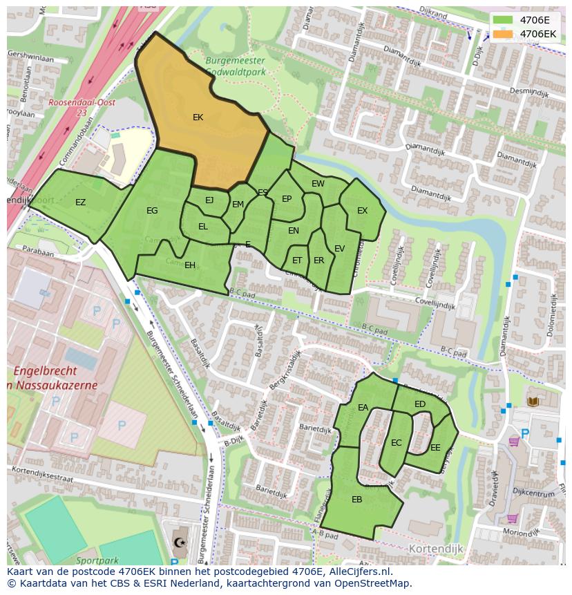 Afbeelding van het postcodegebied 4706 EK op de kaart.