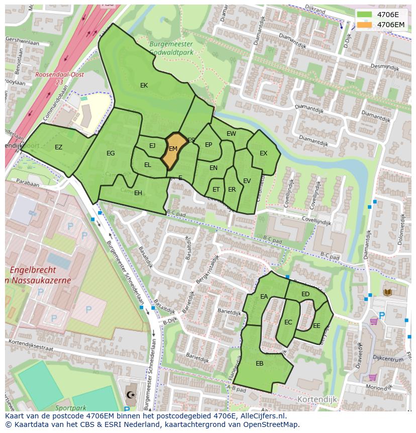 Afbeelding van het postcodegebied 4706 EM op de kaart.