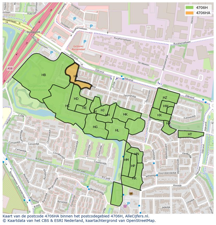 Afbeelding van het postcodegebied 4706 HA op de kaart.