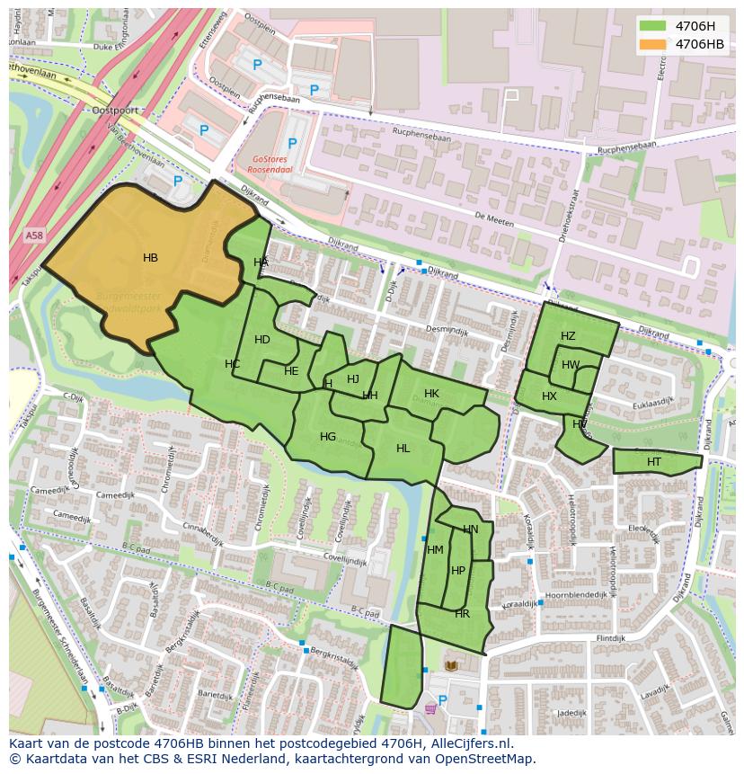 Afbeelding van het postcodegebied 4706 HB op de kaart.