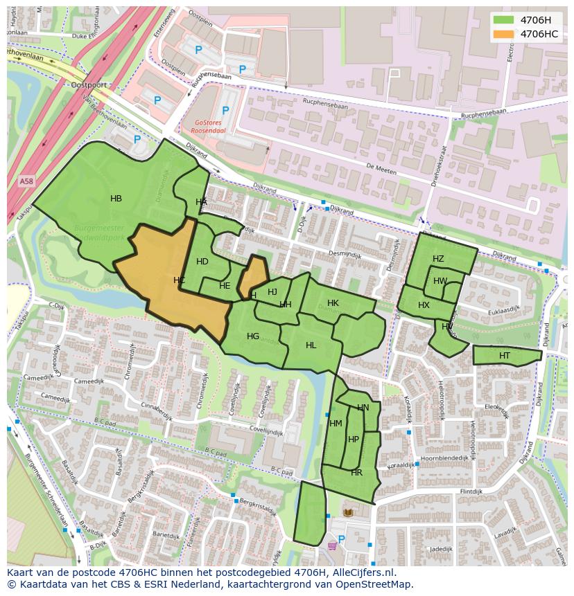 Afbeelding van het postcodegebied 4706 HC op de kaart.