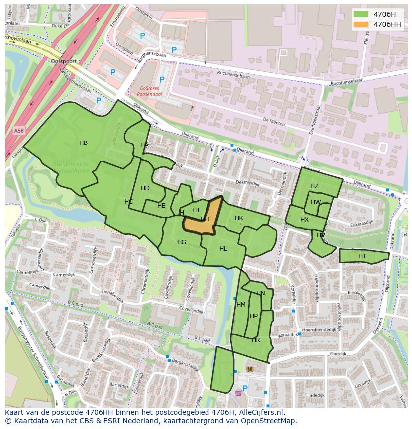 Afbeelding van het postcodegebied 4706 HH op de kaart.