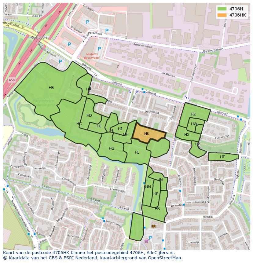 Afbeelding van het postcodegebied 4706 HK op de kaart.