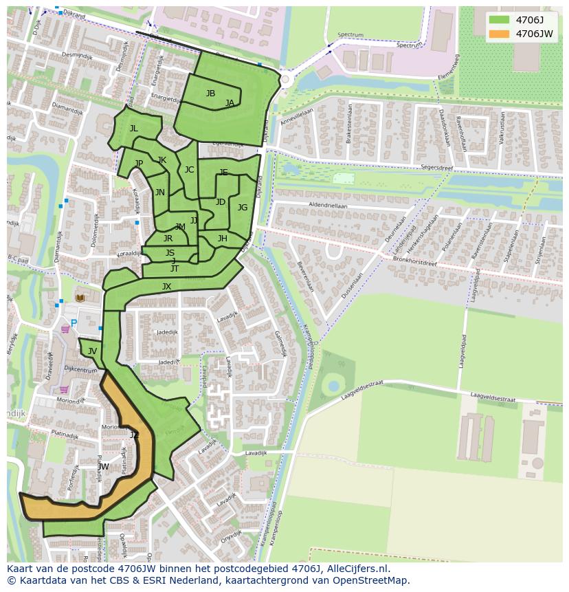 Afbeelding van het postcodegebied 4706 JW op de kaart.