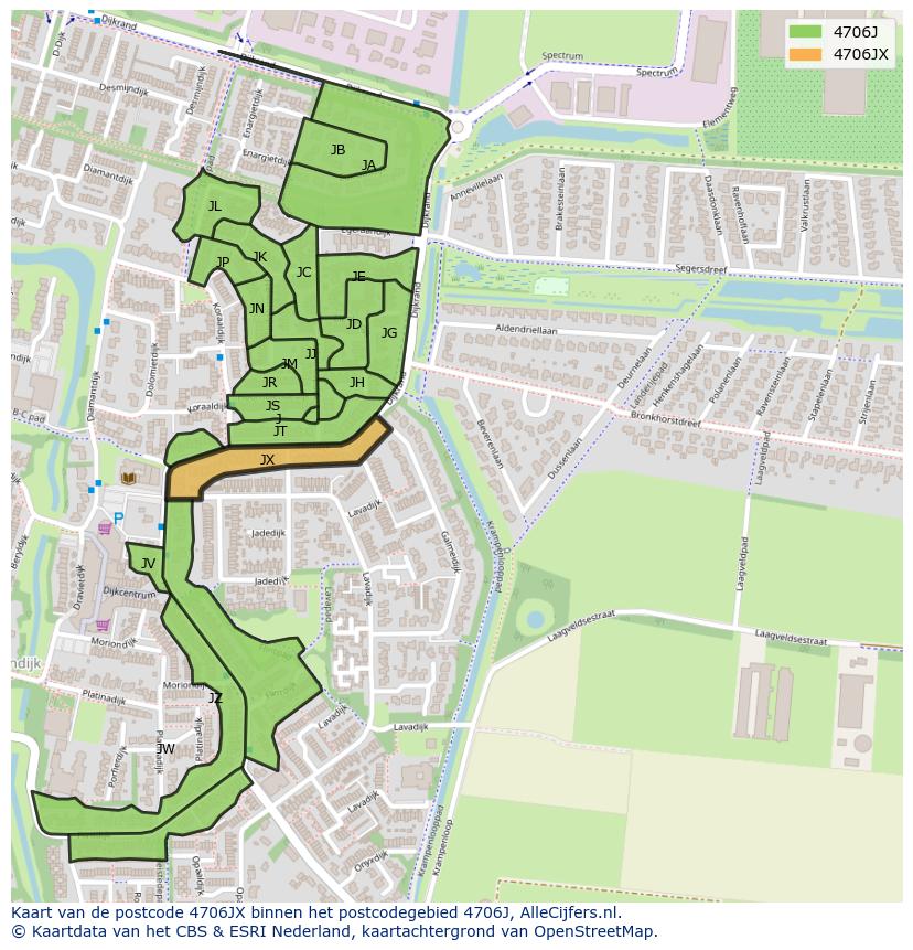 Afbeelding van het postcodegebied 4706 JX op de kaart.