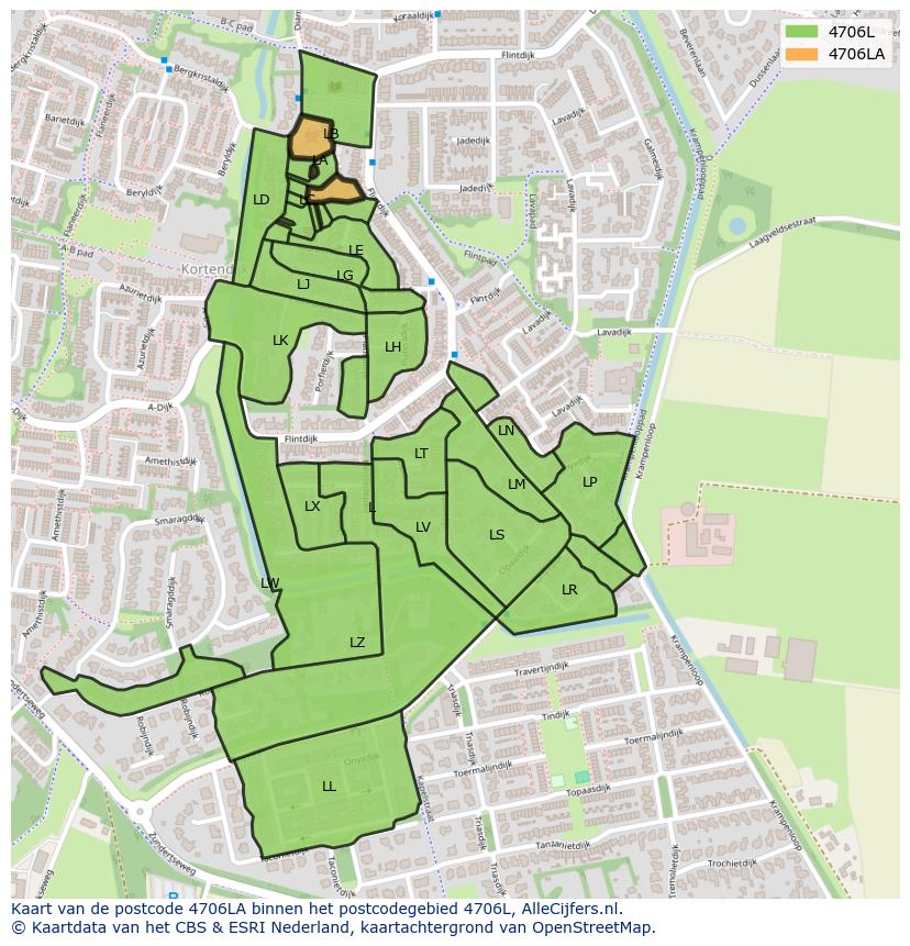 Afbeelding van het postcodegebied 4706 LA op de kaart.