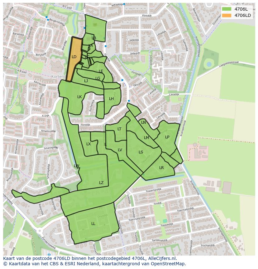 Afbeelding van het postcodegebied 4706 LD op de kaart.