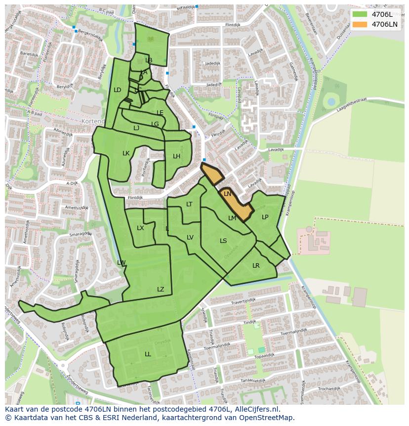 Afbeelding van het postcodegebied 4706 LN op de kaart.