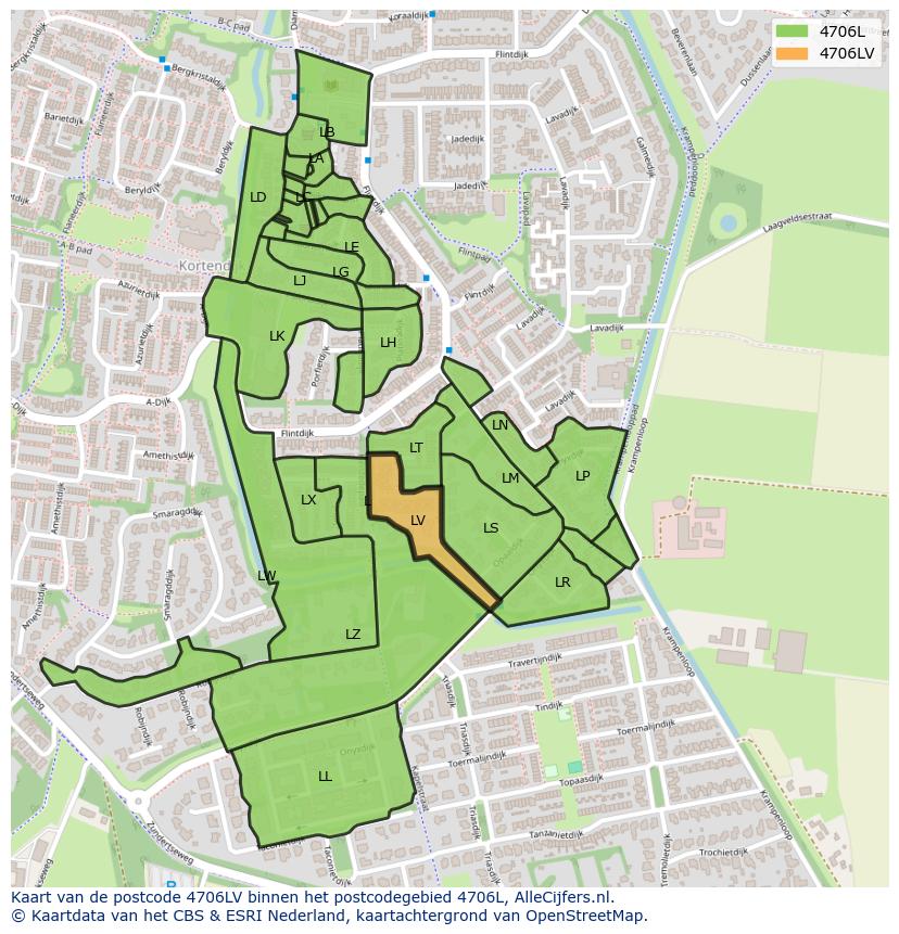 Afbeelding van het postcodegebied 4706 LV op de kaart.