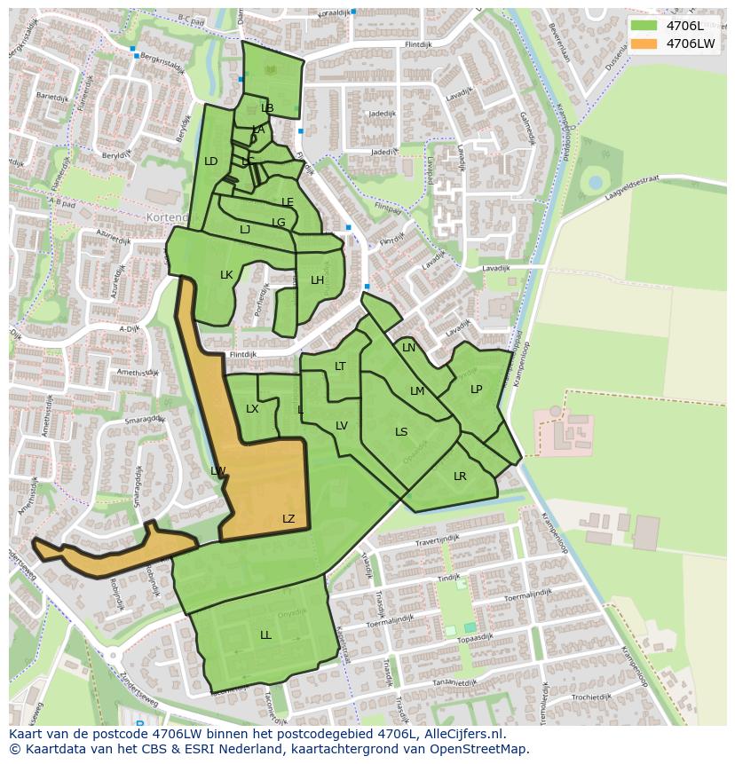 Afbeelding van het postcodegebied 4706 LW op de kaart.