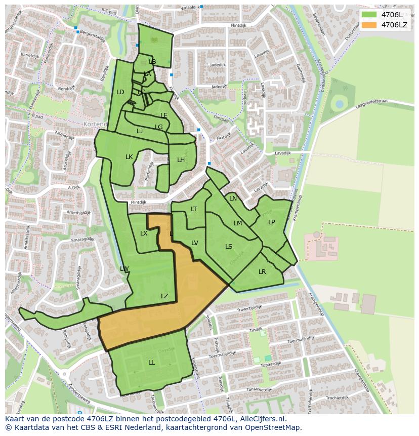 Afbeelding van het postcodegebied 4706 LZ op de kaart.