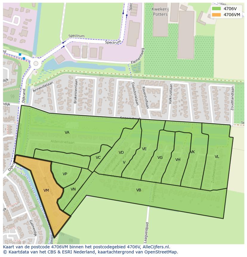 Afbeelding van het postcodegebied 4706 VM op de kaart.