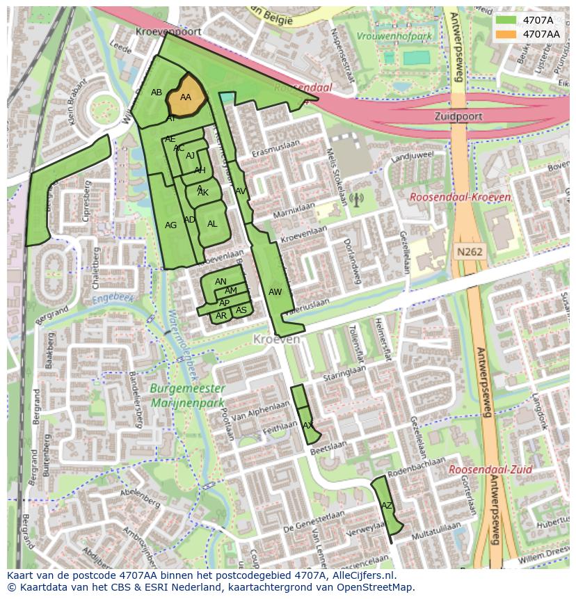Afbeelding van het postcodegebied 4707 AA op de kaart.