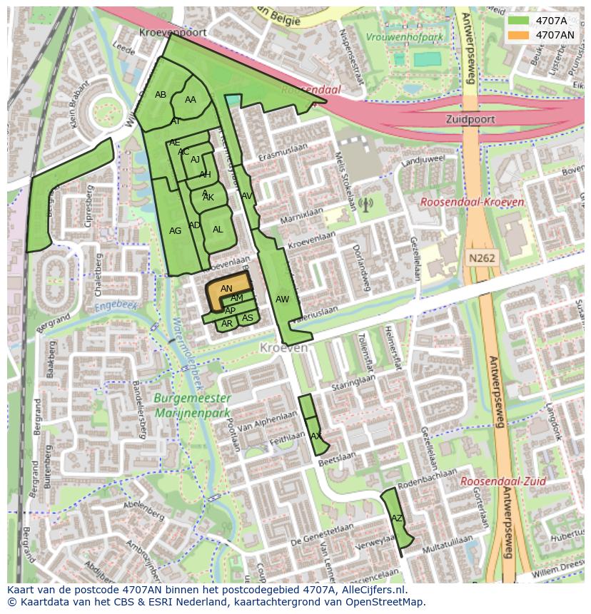 Afbeelding van het postcodegebied 4707 AN op de kaart.