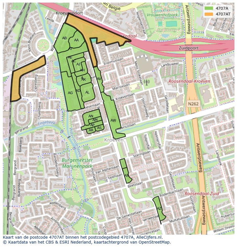 Afbeelding van het postcodegebied 4707 AT op de kaart.